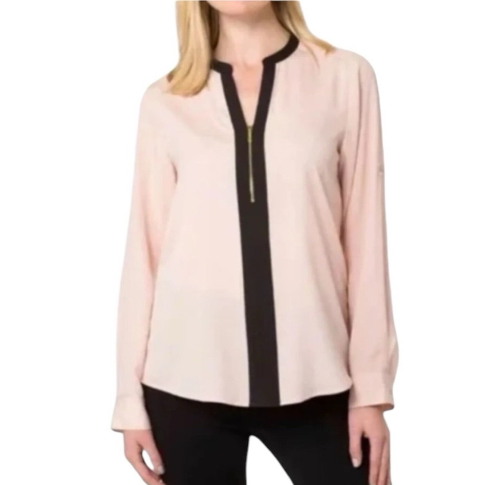 Calvin Klein Zip-Front Blouse shell pink color black trim and roll-tab Small